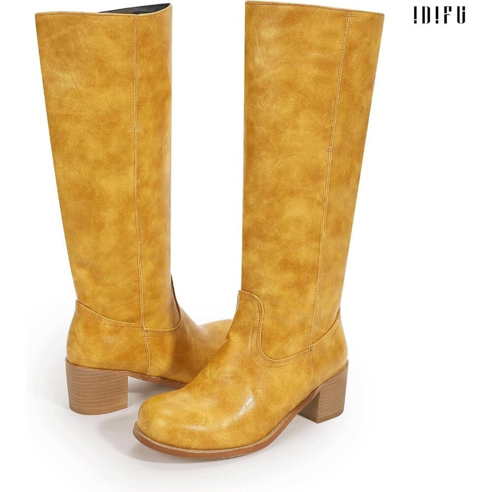 Women's Banana Yellow lDIFU Knee-High Square Toe Chunky Block Heel Riding Boots - Picture 6 of 6
